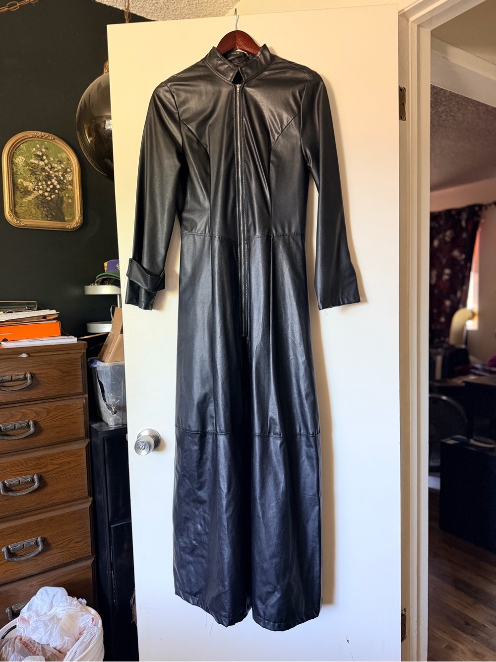 Black Faux Leather Long Sleeve Trenchcoat